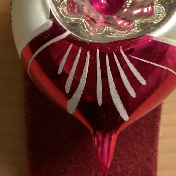 Ornament Christmas Poland 4” Glass Mica Indent Teardrop Red Pink Glitter Vtg - Picture 4 of 8